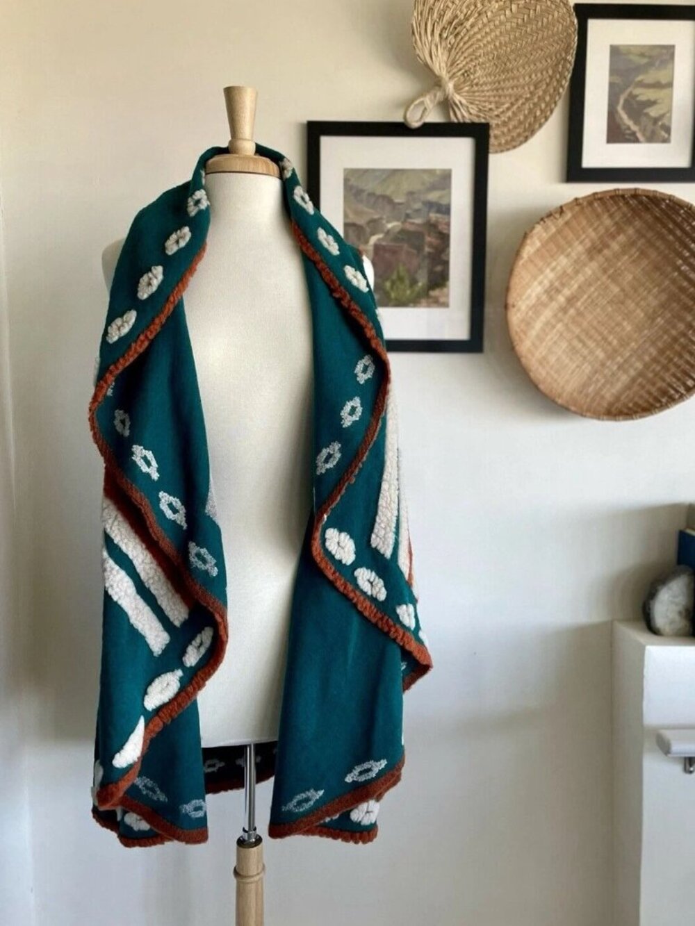 Ryan Michael Western Thunderbird Shawl Vest Poncho Wool Santa Fe Teal One Size - Picture 2 of 7